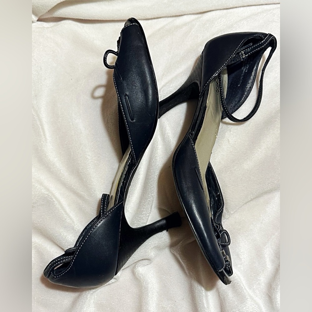 East 5th Black Leather Ankle Strap Heels